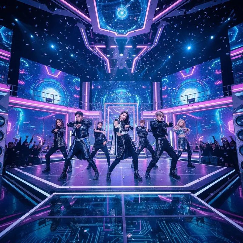 K-Pop χορευτική ομάδα σε φουτουριστική σκηνή