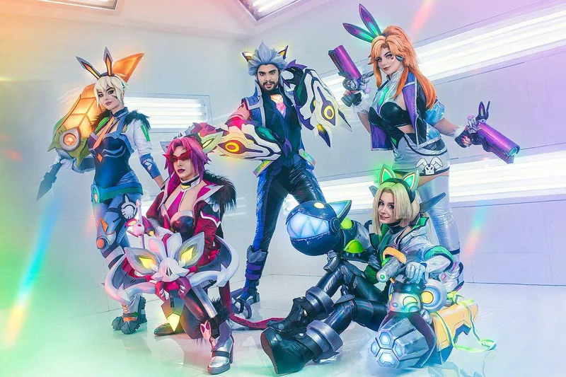 Cosplay ομάδα με gaming στολές και όπλα