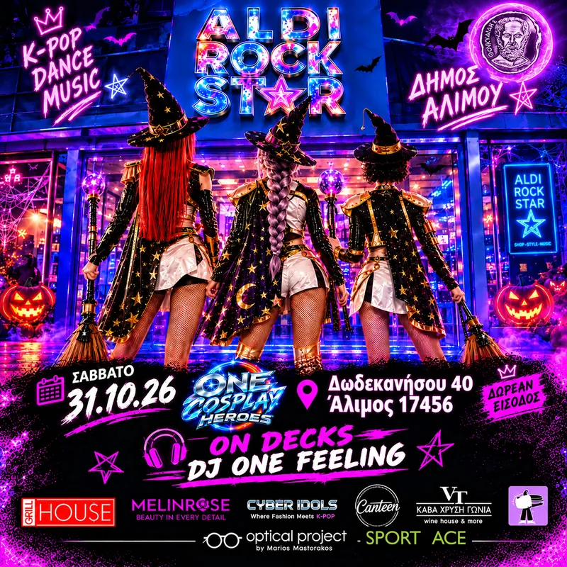 Αφίσα: K-Pop Halloween party στο ALDI ROCK STAR, Σάββατο 31.10.26, Δωδεκανήσου 40 Άλιμος, δωρεάν είσοδος, DJ One Feeling