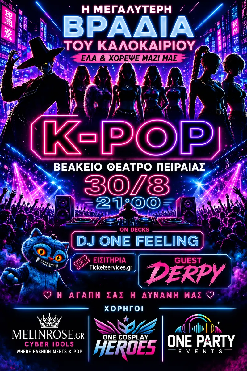 Αφίσα K-Pop βραδιάς στο Βεάκειο με χορηγούς